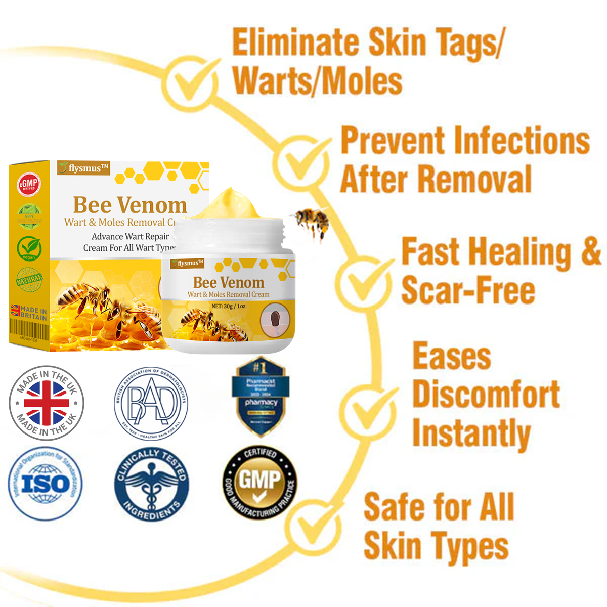 🐝 flysmus™ TagCure Bee Venom Skincare Cream, Certified by The British Association of Dermatologists (BAD) – Helps Treat Persistent Warts, Skin Tags, Skin Lesions, Infections, Scarring, and Smooth Uneven Skin 🌿👨⚕️