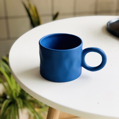 Coffee mug with large handle, Blue/white ceramic mug with dots, hand creased milk mug