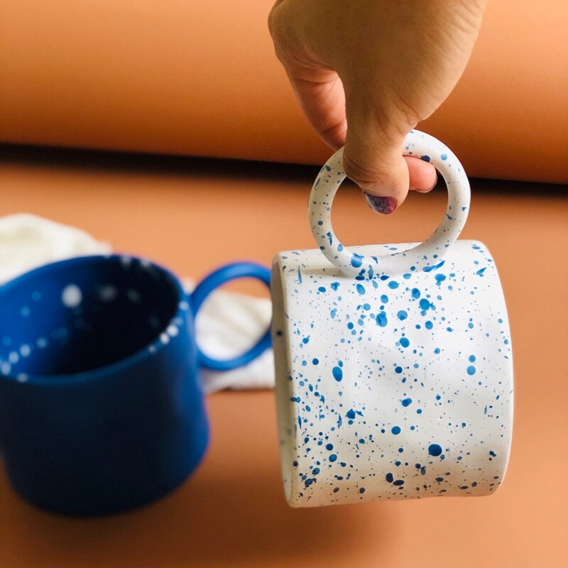 Coffee mug with large handle, Blue/white ceramic mug with dots, hand creased milk mug